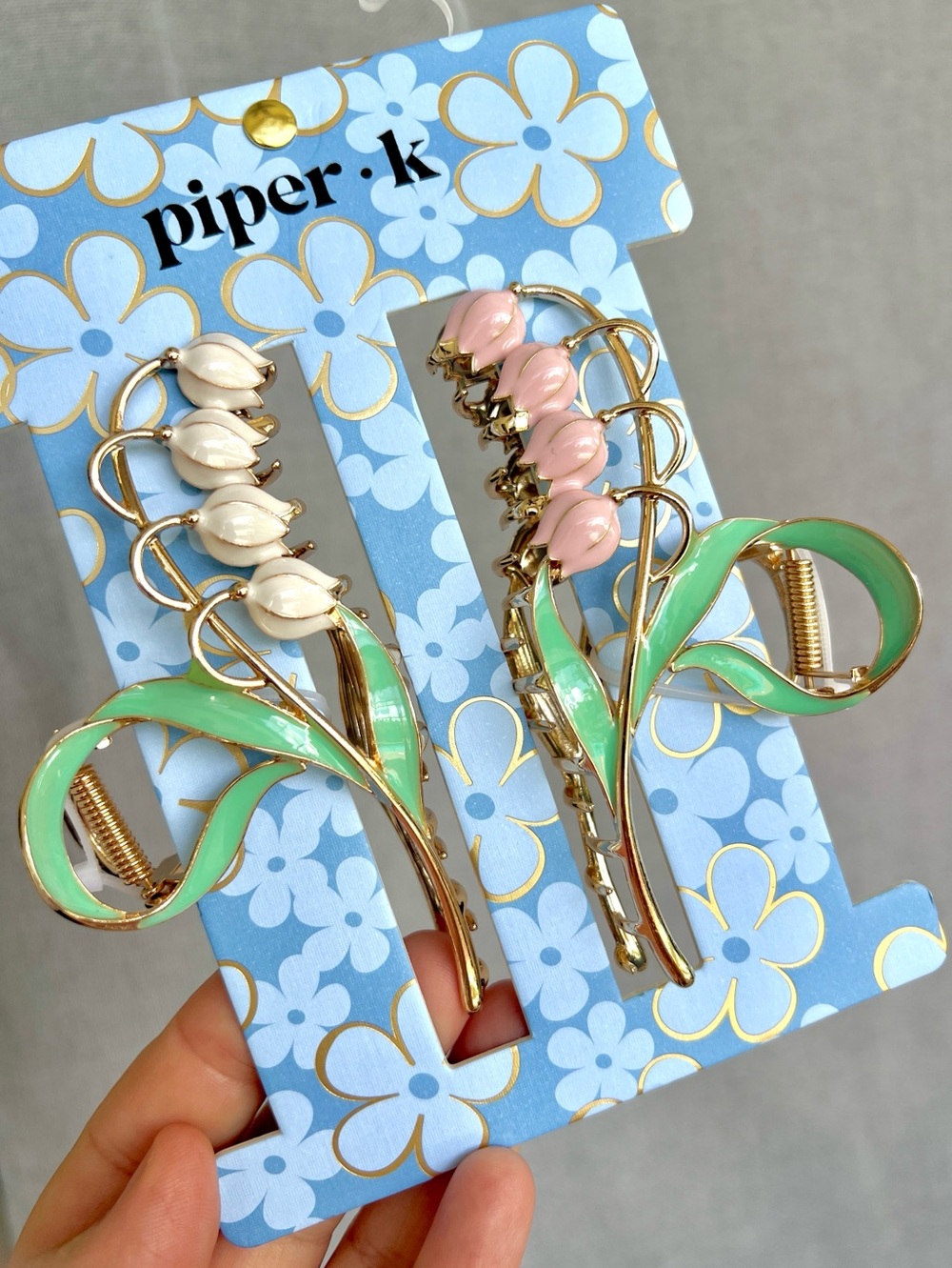 Piper K Lily of Valley Large Metal jaw claw hair clip gold cream pink green NWT
